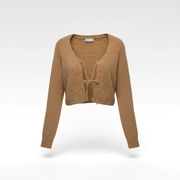 Hollister Camel Tan Fuzzy Tie-Front Cropped Cardigan Size Medium - Picture 1 of 10